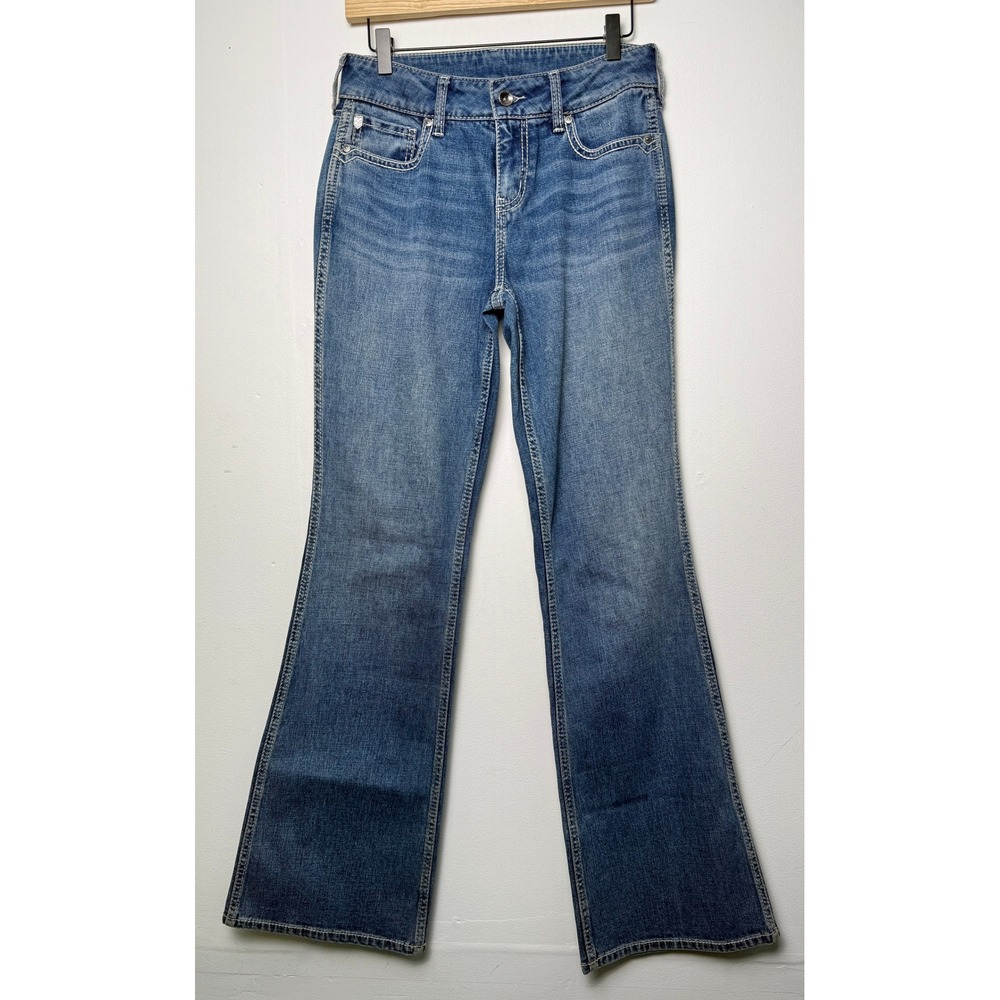 Rank 45 Womens Flare Bootcut Jeans Medium Wash Blue Contrast Stitch 28W x 34L